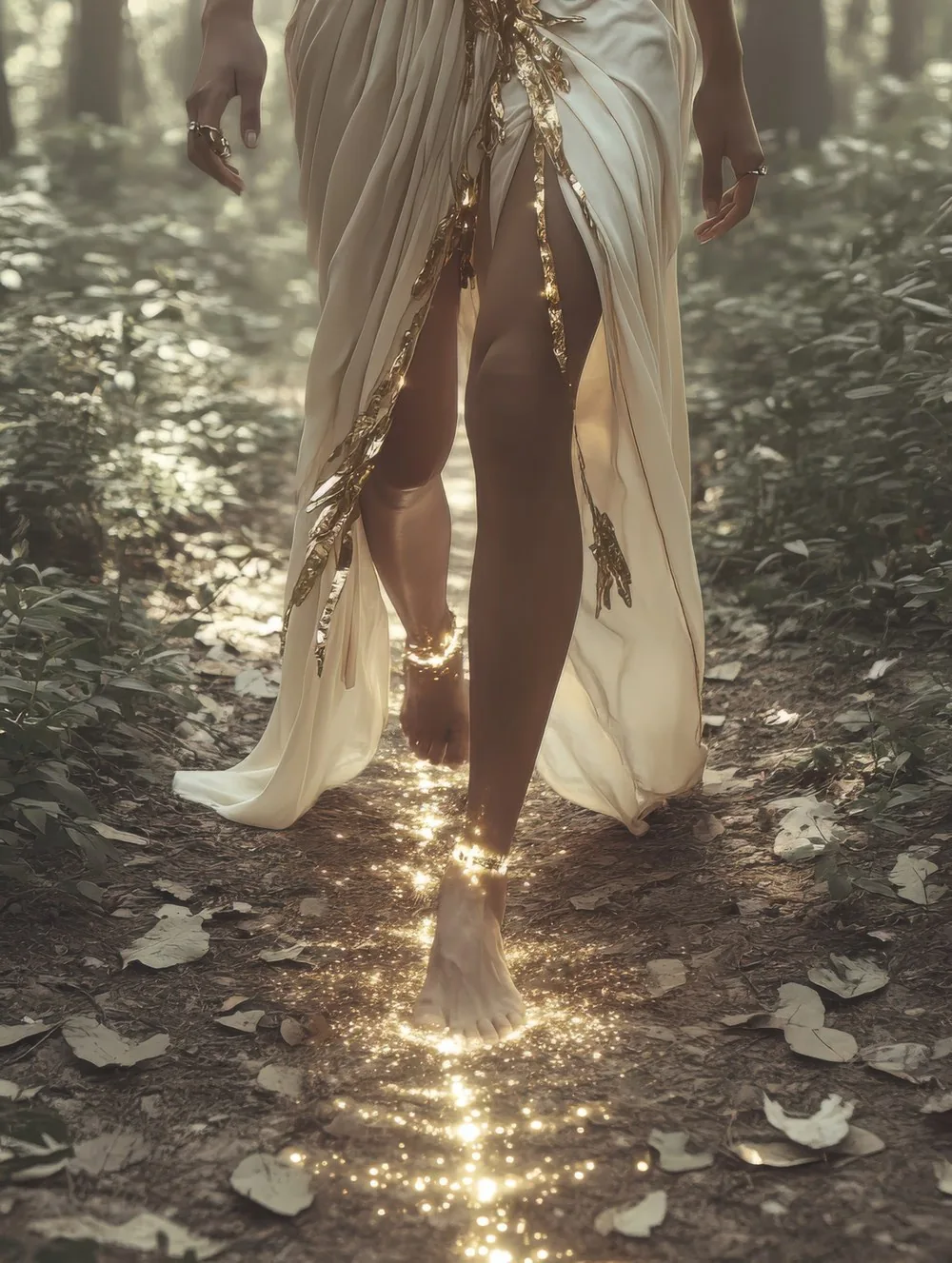 Walking a path through green forest light