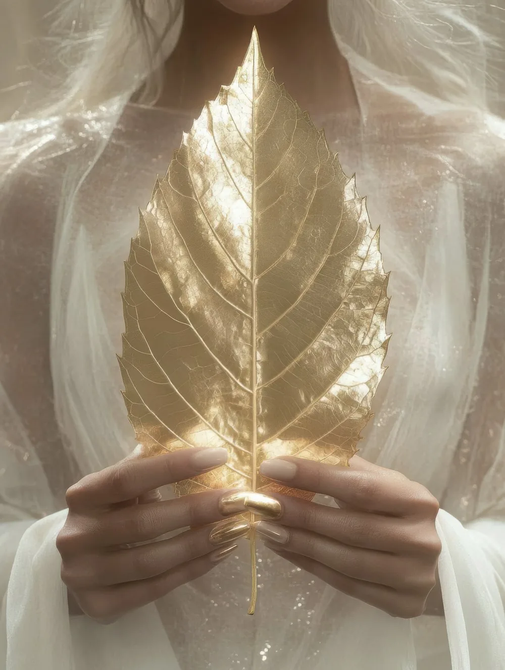 A single gilded leaf held in two open hands