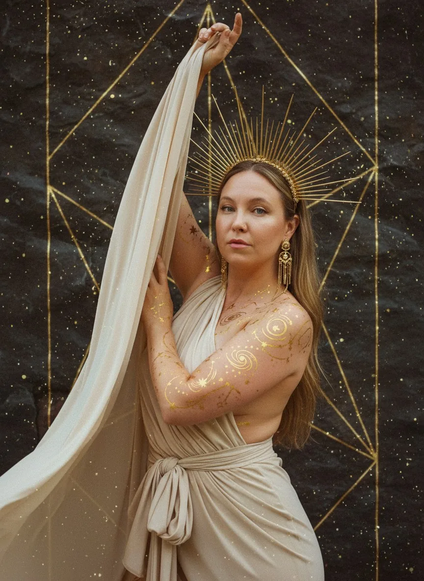 Gurudarshan in a draped cream gown and a gold sunburst crown, gold markings along one arm, against a dark star-flecked wall