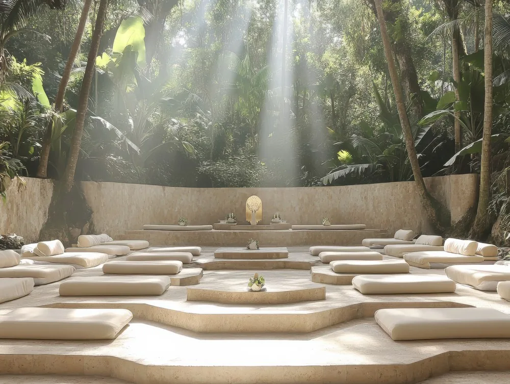 A circle meditating together in a green clearing