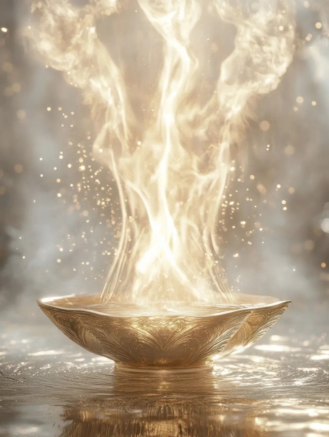 A golden offering bowl standing in still water, a steady column of light rising out of it